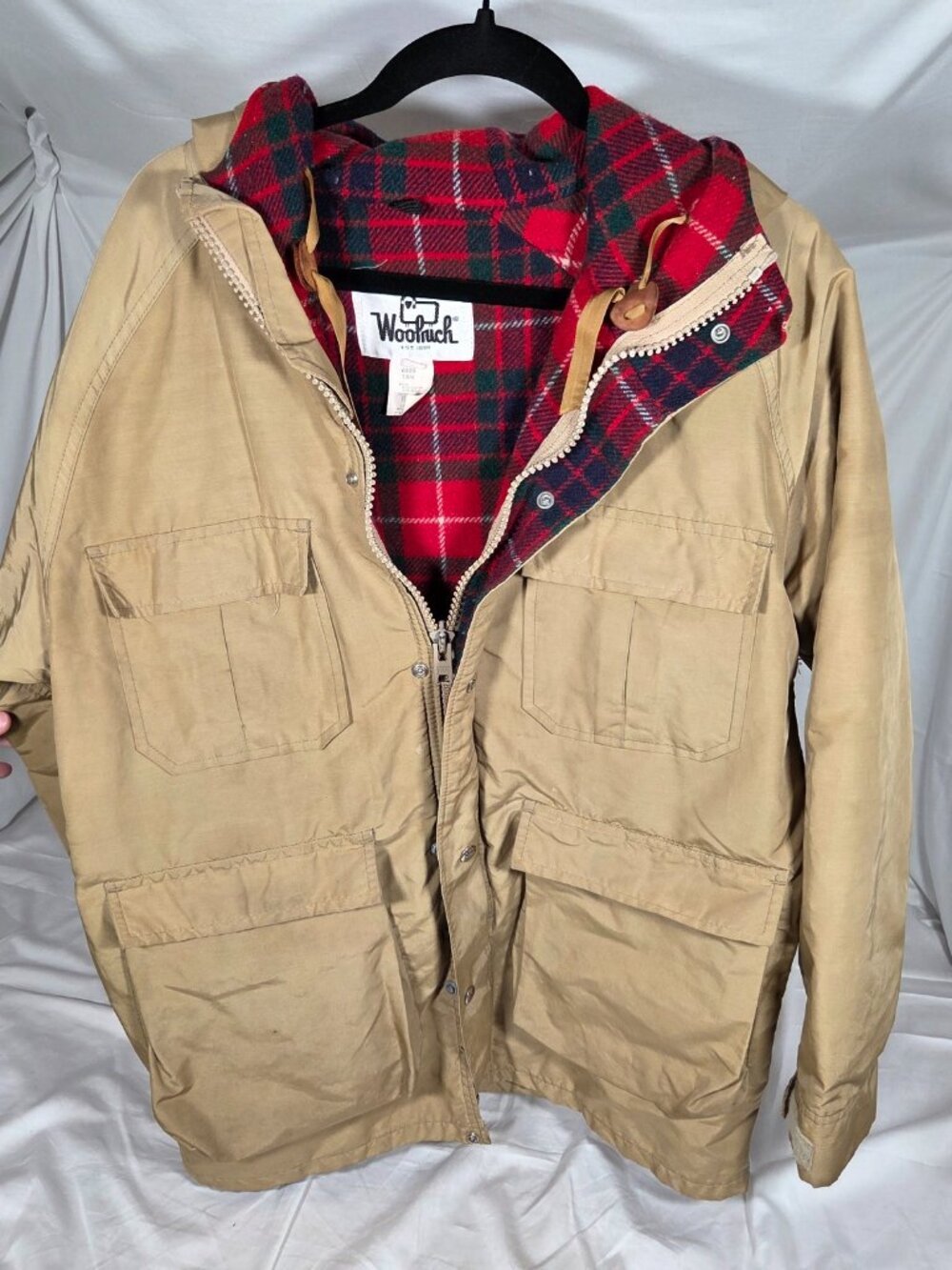 Vintage Woolrich Hooded Mountain Parka Jacket Tan Plaid Lined